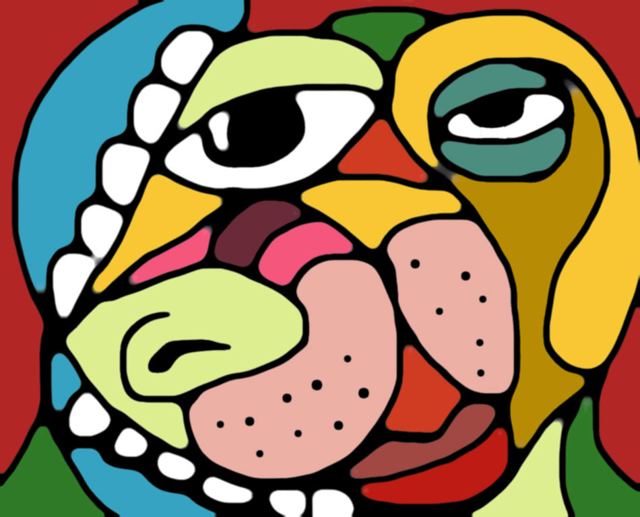 Rosto em blocos de cor, vermelho, verde, azul e rosa