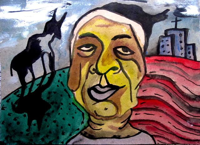 Homem sorrindo com uma cidade e um cavalo ao fundo
