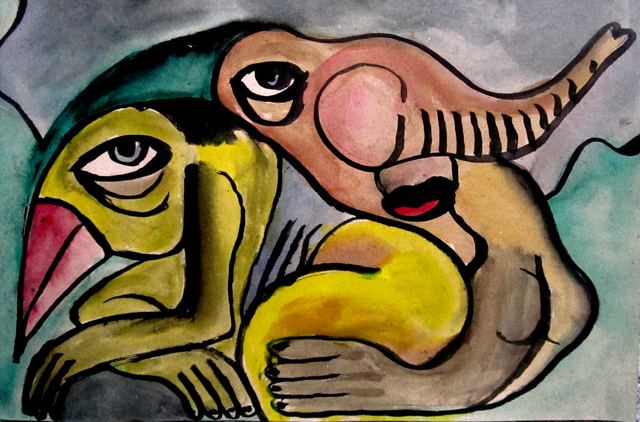 Pássaro amarelo e figura rosada abraçados