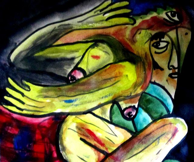 Figura abraçada a si mesma em verde e vermelho
