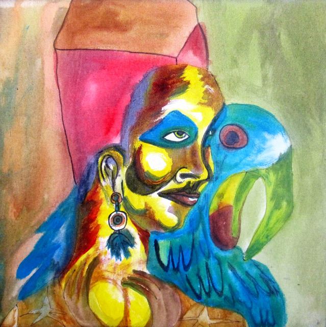 Mulher de perfil, em azul e amarelo, com um papagaio