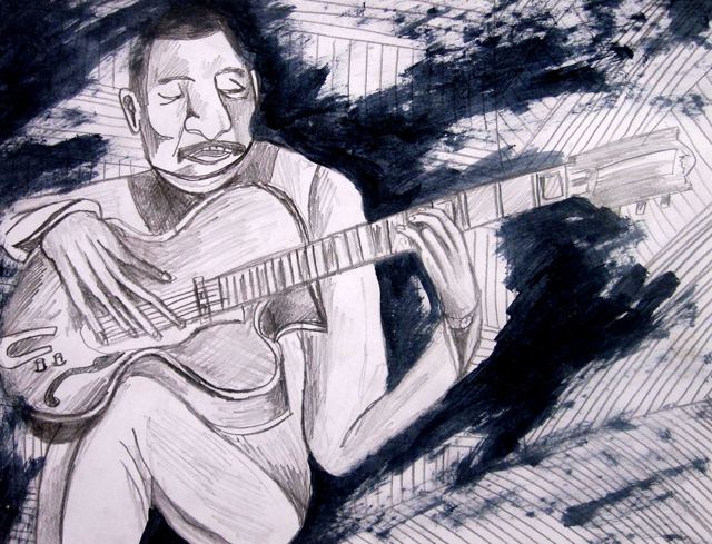 Guitarrista de olhos fechados, caneta com manchas de nanquim