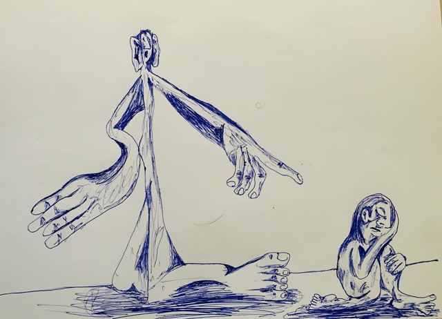 Figura alta apontando para uma figura pequena encolhida