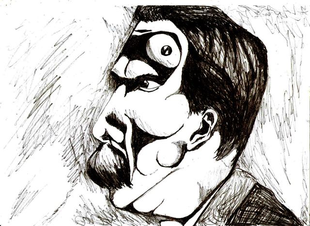 Retrato de perfil de Nietzsche com bigode, a caneta