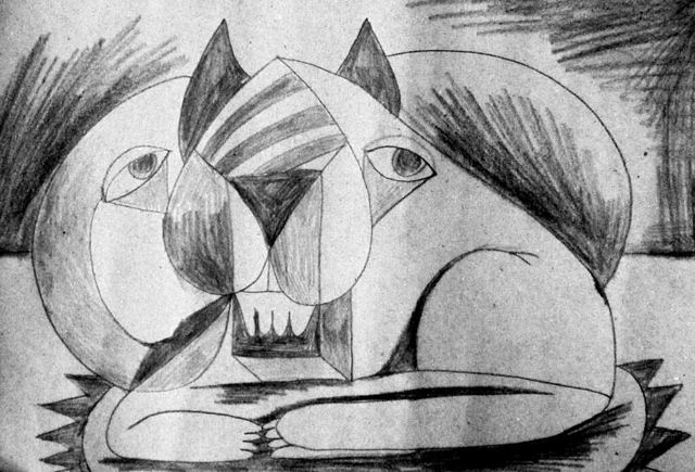 Gato deitado desenhado a lápis em formas geométricas